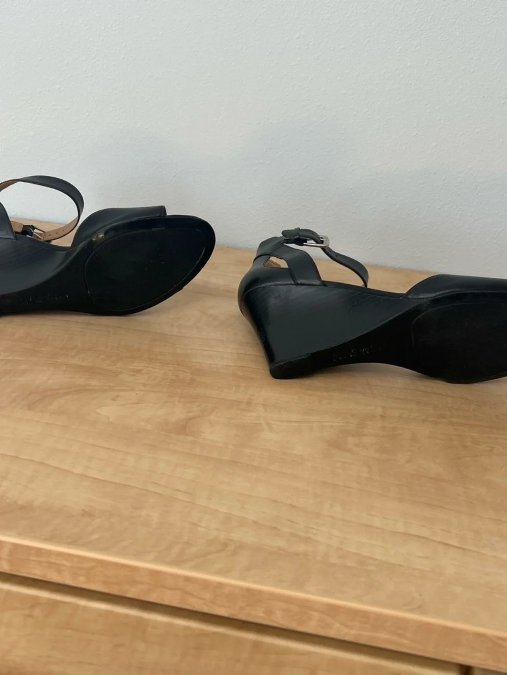 Nine West Black Leather Ankle-Strap Wedge Sandals